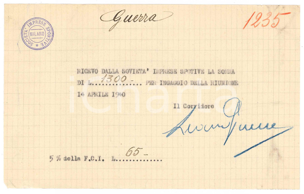 Autografo originale 1940 CICLISMO MILANO Ricevuta Learco GUERRA  Ingaggio  AUTOGRAFO 1