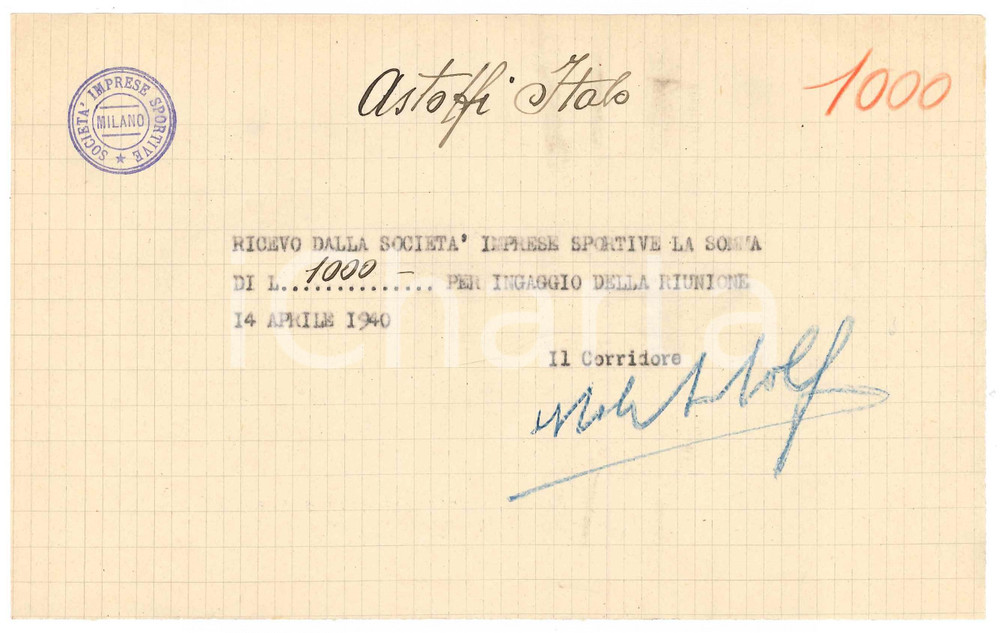 Autografo originale 1940 CICLISMO MILANO Ricevuta Italo ASTOLFI  Ingaggio AUTOGRAFO 1
