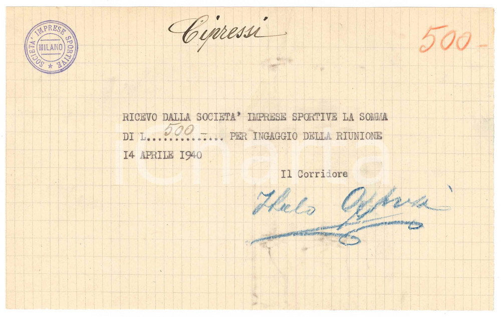 Autografo originale 1940 CICLISMO MILANO Ricevuta Italo CIPRESSI  Ingaggio gara AUTOGRAFO 1
