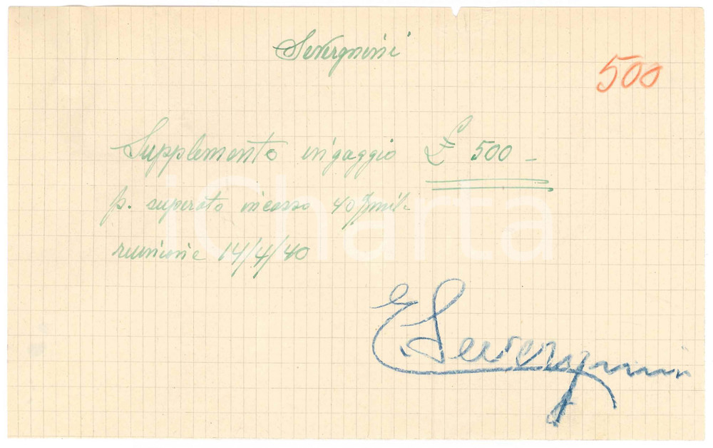 Autografo originale 1940 CICLISMO MILANO Ricevuta Edoardo SEVERGNINI  Supplemento AUTOGRAFO 1