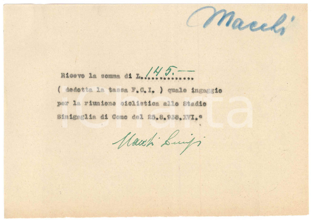 Autografo originale 1938 CICLISMO COMO Ricevuta Luigi MACCHI  Stadio Sinigaglia AUTOGRAFO 1