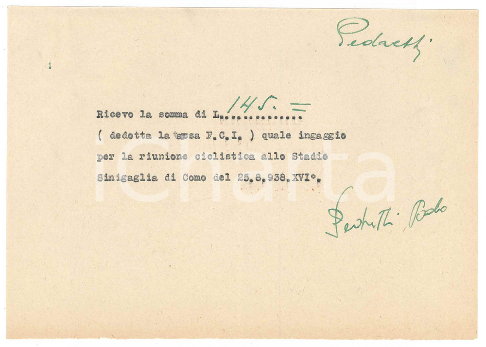 Autografo originale 1938 CICLISMO COMO Ricevuta Paolo PEDRETTI  Stadio Sinigaglia AUTOGRAFO 1