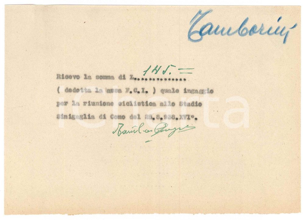 Autografo originale 1938 CICLISMO COMO Ricevuta Giorgio TAMBORINI Stadio Sinigaglia AUTOGRAFO 1