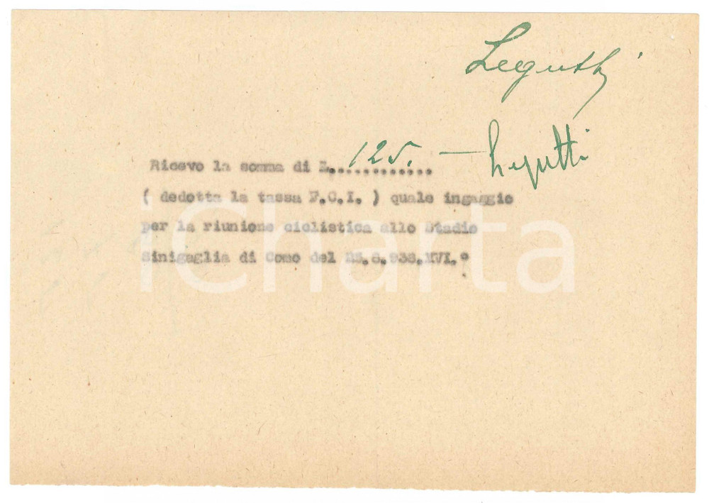 Autografo originale 1938 CICLISMO COMO Ricevuta Carlo LEGUTTI  Stadio Sinigaglia AUTOGRAFO 1