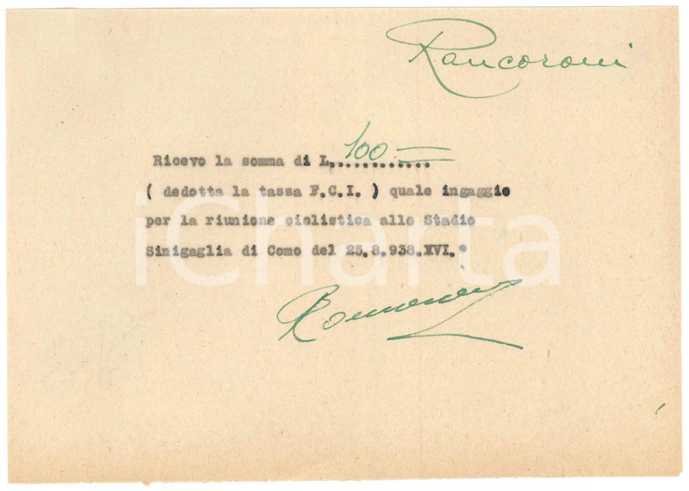 Autografo originale 1938 CICLISMO COMO Ricevuta Mario RONCORONI  Stadio Sinigaglia AUTOGRAFO 1