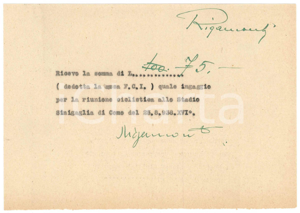 Autografo originale 1938 CICLISMO COMO Ricevuta RIGAMONTI  Stadio Sinigaglia AUTOGRAFO 1