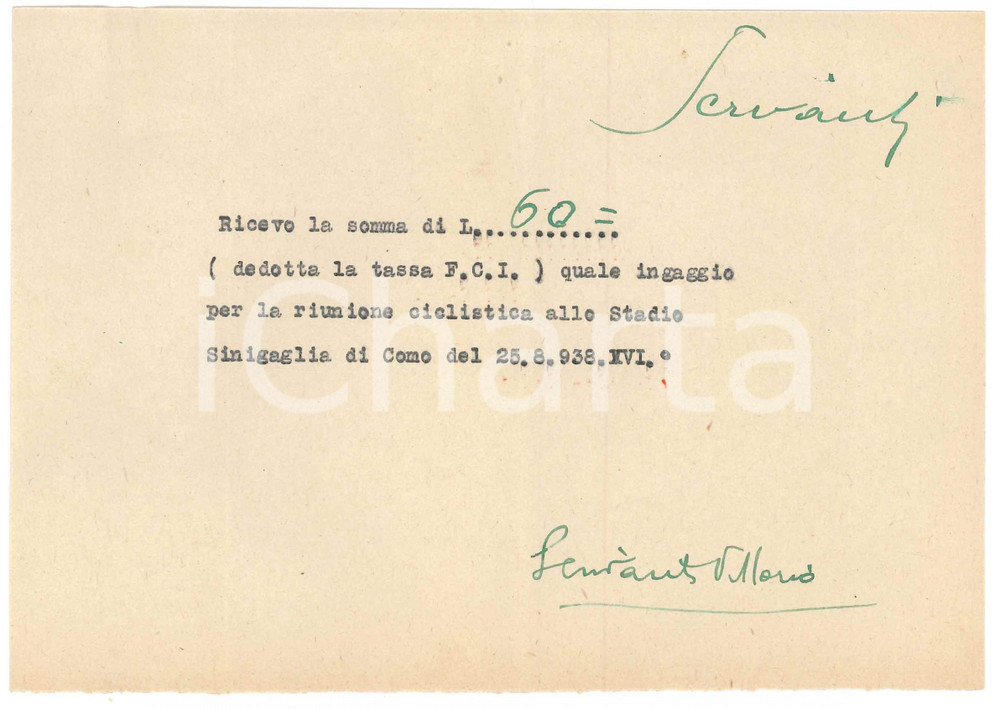 Autografo originale 1938 CICLISMO COMO Ricevuta Vittorio SCRIVANTI  Stadio Sinigaglia AUTOGRAFO 1