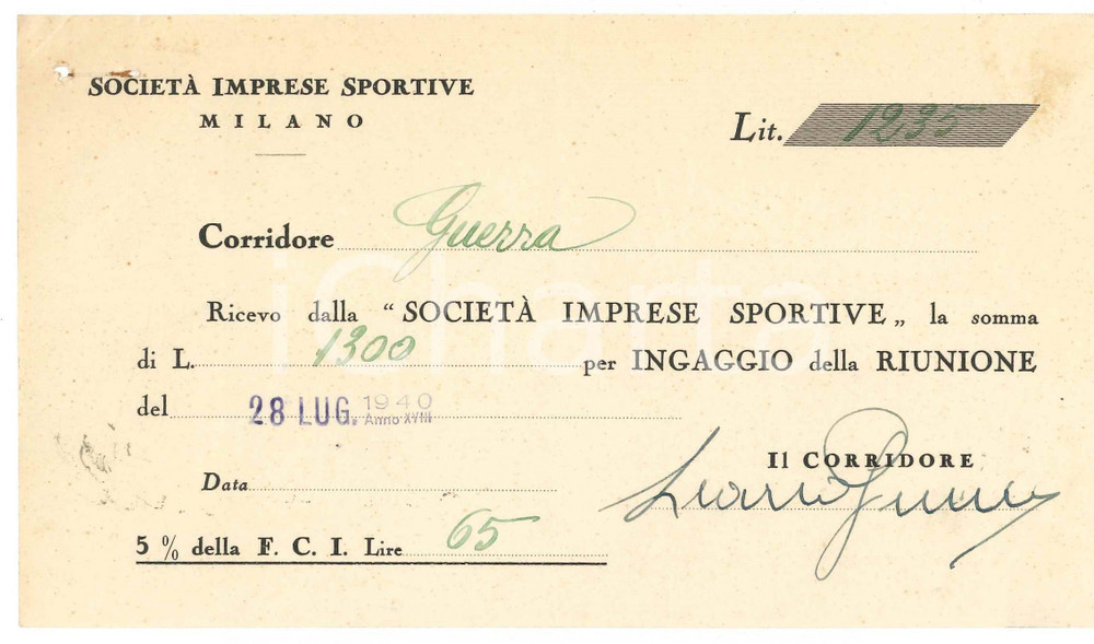 Autografo originale 1940 CICLISMO MILANO Ricevuta Learco GUERRA  Ingaggio VIGORELLI  AUTOGRAFO 1