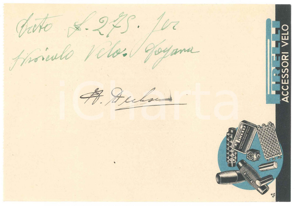 Autografo originale 1940 CICLISMO Autografo Jan DERKSEN su ricevuta PIRELLI accessori velo AUTOGRAFO 1