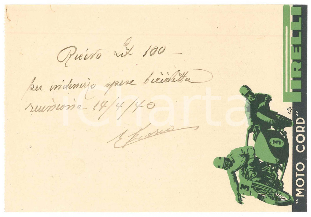 Autografo originale 1940 CICLISMO Autografo Elia FROSIO su ricevuta PIRELLI moto cord 1