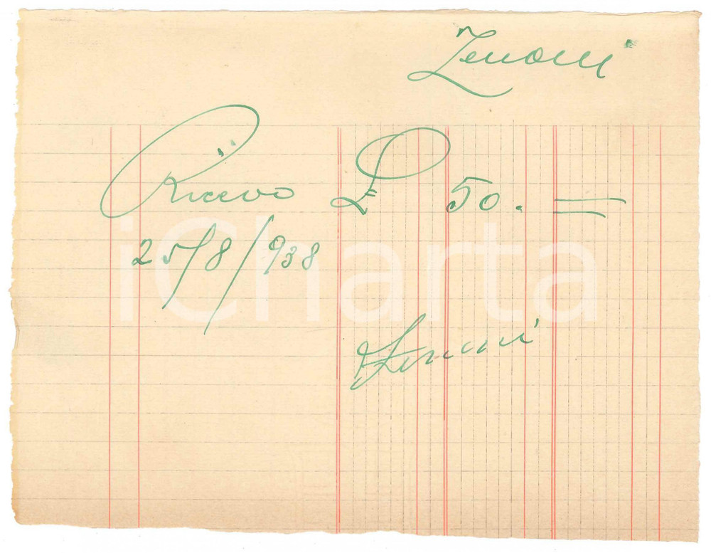Autografo originale 1938 CICLISMO MILANO Ricevuta ZENONI per saldo gara  AUTOGRAFO 1