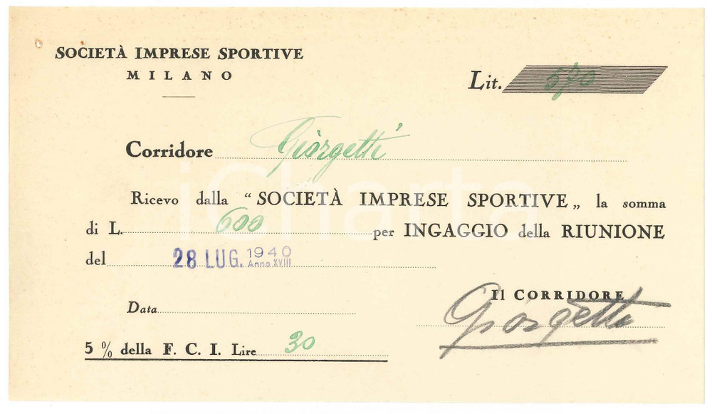 Autografo originale 1940 CICLISMO MILANO Ricevuta Franco GIORGETTI  Ingaggio VIGORELLI  AUTOGRAFO 1