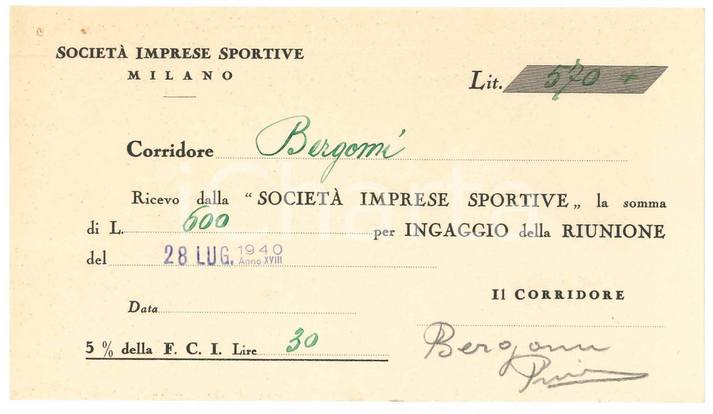 1940 CICLISMO MILANO Ricevuta Primo BERGOMI - Ingaggio VIGORELLI - AUTOGRAFO