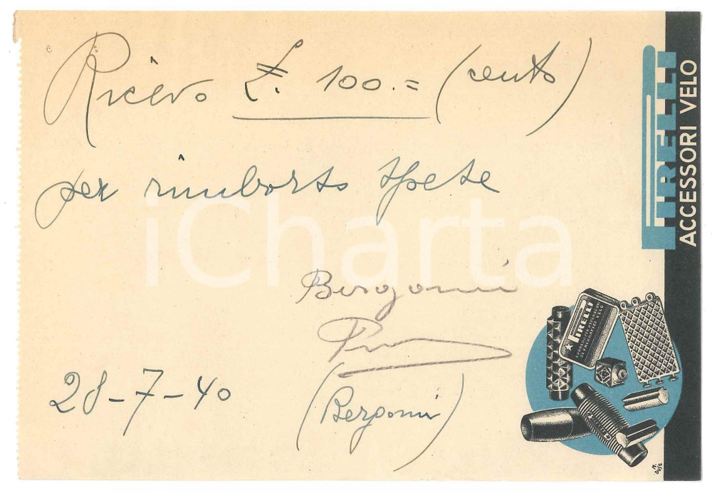 Autografo originale 1940 CICLISMO Autografo Primo BERGOMI su ricevuta PIRELLI accessori velo 1