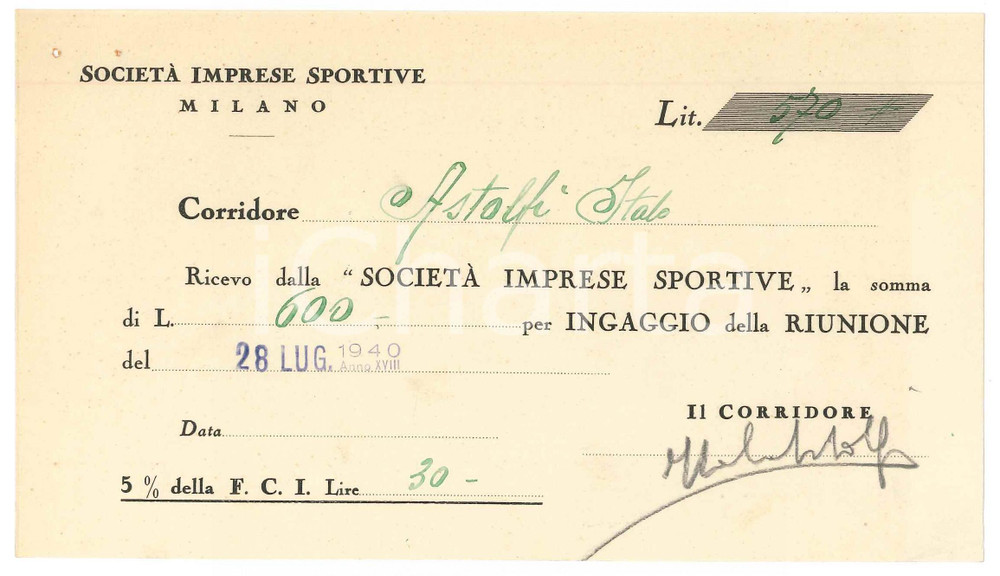 Autografo originale 1940 CICLISMO MILANO Ricevuta Italo ASTOLFI  Ingaggio VIGORELLI  AUTOGRAFO 1