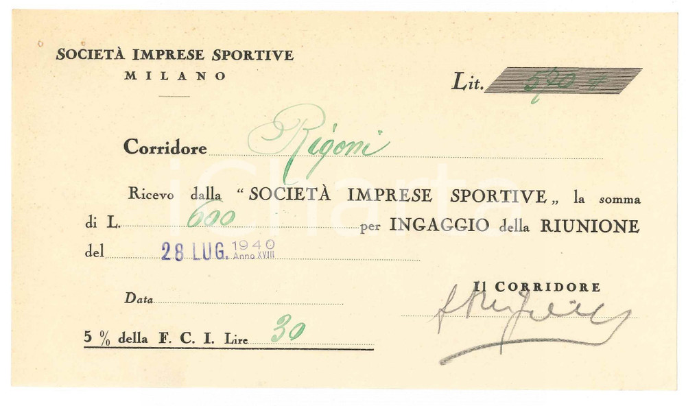 Autografo originale 1940 CICLISMO MILANO Ricevuta Severino RIGONI  Ingaggio VIGORELLI  AUTOGRAFO 1