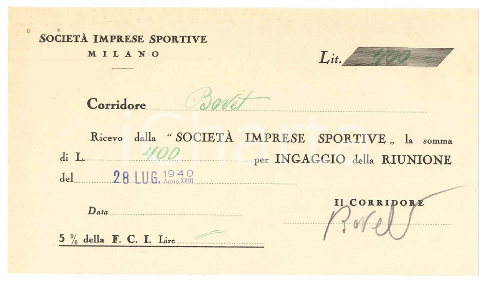 Autografo originale 1940 CICLISMO MILANO Ricevuta Alfredo BOVET  Ingaggio VIGORELLI  AUTOGRAFO 1