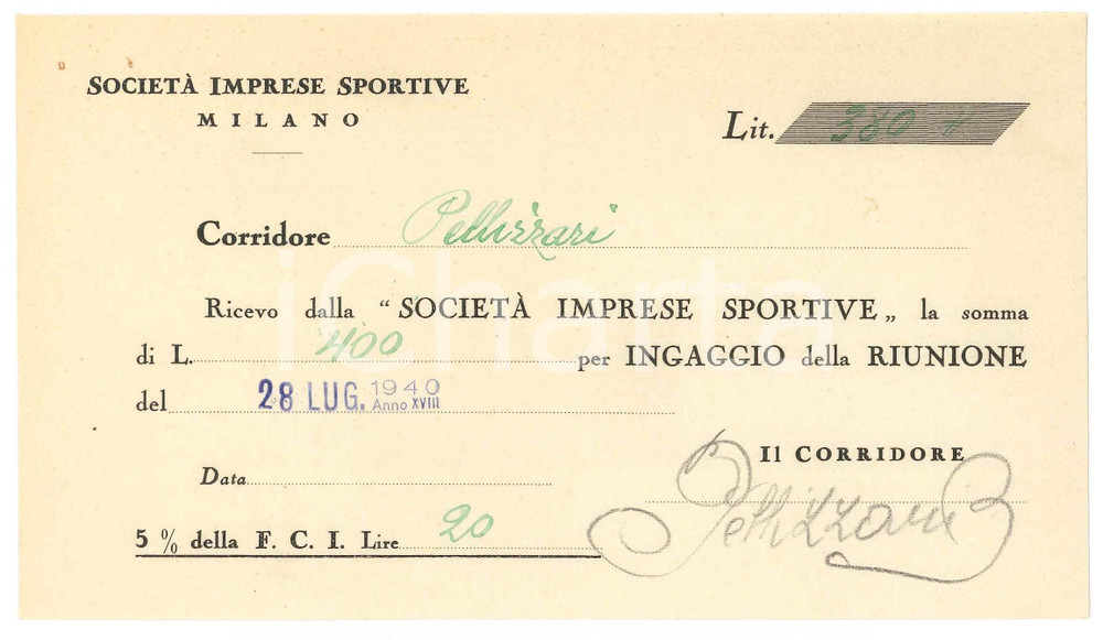 Autografo originale 1940 CICLISMO MILANO Ricevuta Bruno PELLIZZARI  Ingaggio VIGORELLI  AUTOGRAFO 1