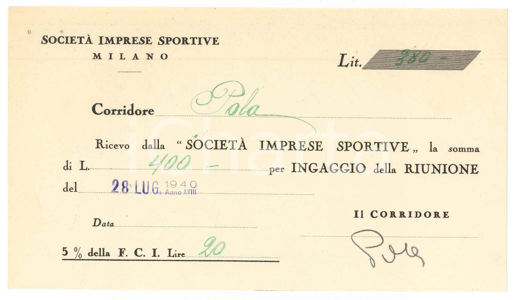 Autografo originale 1940 CICLISMO MILANO Ricevuta Benedetto POLA  Ingaggio VIGORELLI  AUTOGRAFO 1