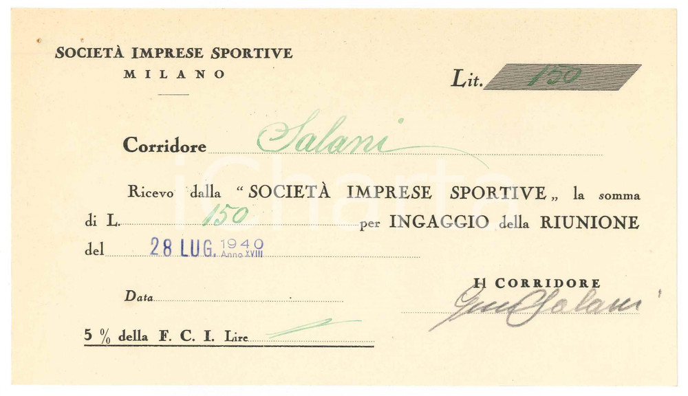 Autografo originale 1940 CICLISMO MILANO Ricevuta Gino SALANI  Ingaggio VIGORELLI  AUTOGRAFO 1