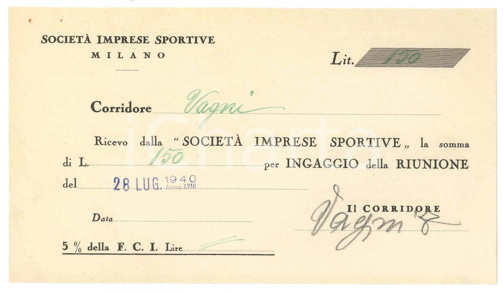 Autografo originale 1940 CICLISMO MILANO Ricevuta Enrico VAGNI  Ingaggio VIGORELLI  AUTOGRAFO 1