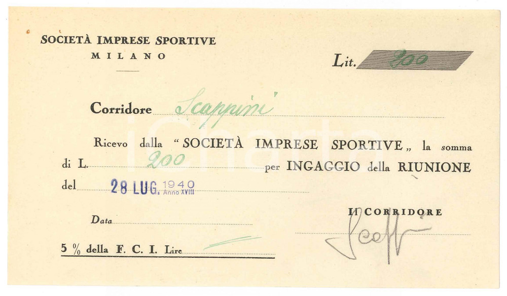 Autografo originale 1940 CICLISMO MILANO Ricevuta Edgar SCAPPINI  Ingaggio VIGORELLI  AUTOGRAFO 1
