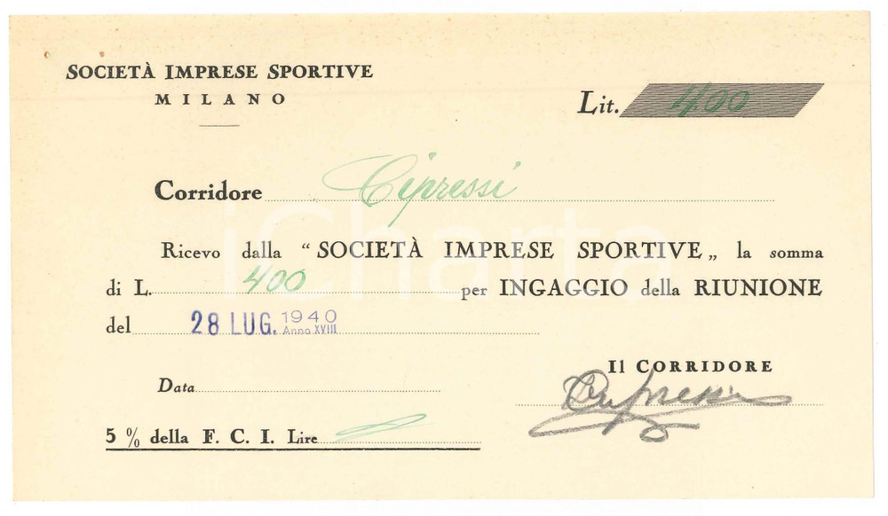 Autografo originale 1940 CICLISMO MILANO Ricevuta Italo CIPRESSI  Ingaggio VIGORELLI  AUTOGRAFO 1
