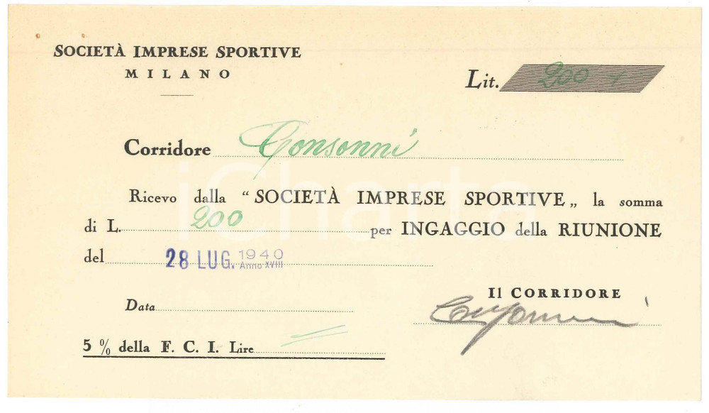 Autografo originale 1940 CICLISMO MILANO Ricevuta Luigi CONSONNI  Ingaggio VIGORELLI  AUTOGRAFO 1