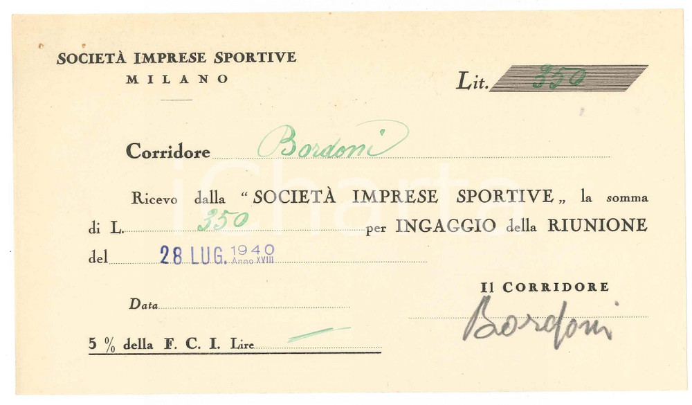 1940 CICLISMO MILANO Ricevuta Adolfo BORDONI - Ingaggio VIGORELLI - AUTOGRAFO