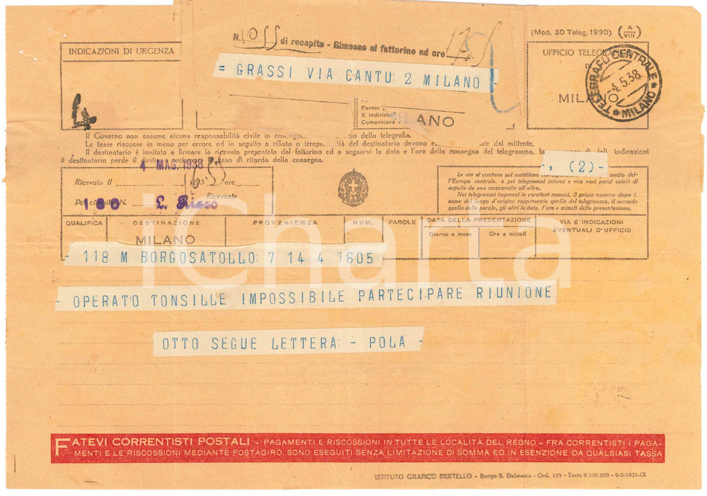 Documento originale, autentico 1938 CICLISMO BORGOSATOLLO Telegramma Benedetto POLA operato alle tonsille 1