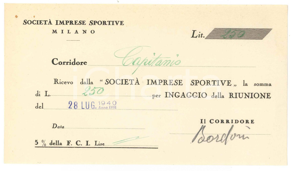 Autografo originale 1940 CICLISMO MILANO Ricevuta Adolfo BORDONI  Ingaggio VIGORELLI AUTOGRAFO 1