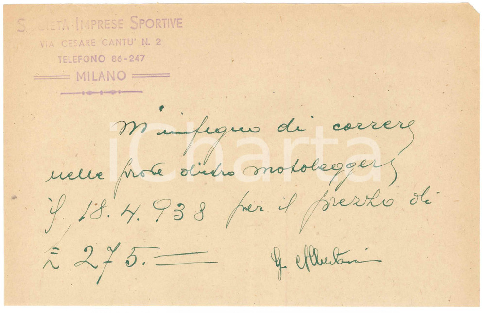 Autografo originale 1938 MILANO CICLISMO Ingaggio ALBERTAZZI  per prove con moto leggere  AUTOGRAFO 1