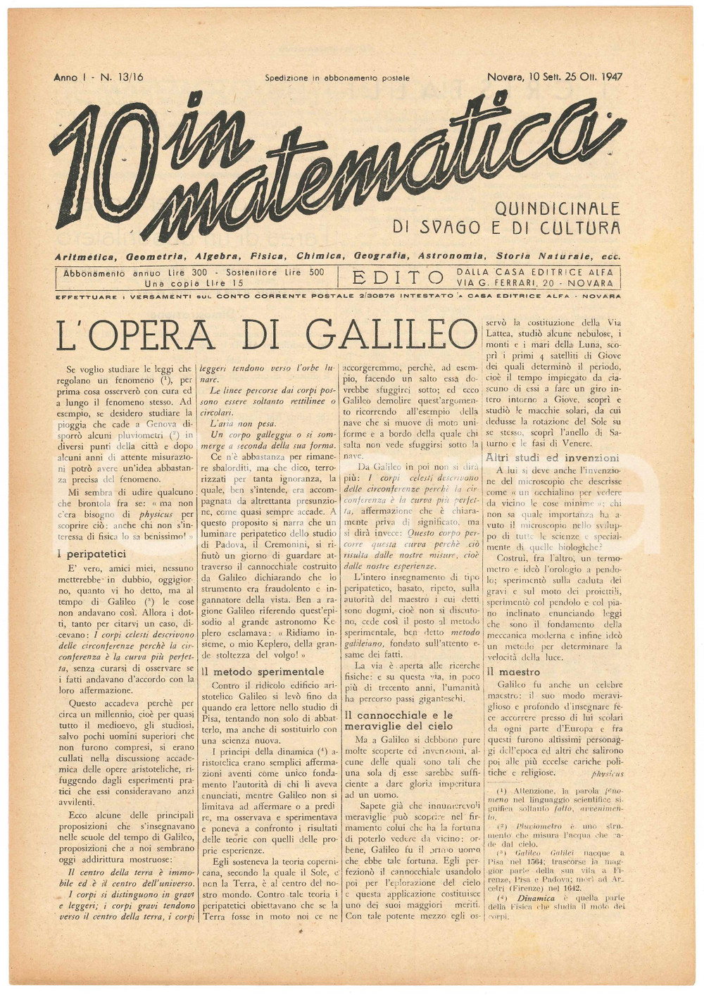 Giornale, rivista storica 1947 NOVARA Rivista 10 IN MATEMATICA Anno I n. 13/16  Maremoto in Giappone 1