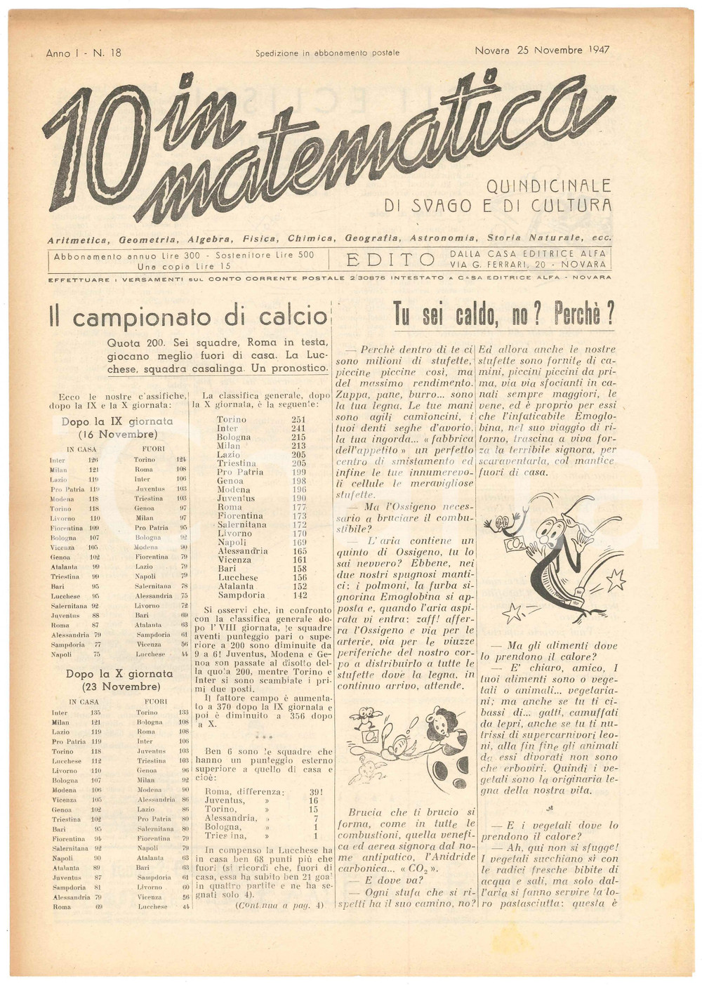 Giornale, rivista storica 1947 NOVARA Rivista 10 IN MATEMATICA Anno I n. 18  Giovanni TADINI su eclissi 1