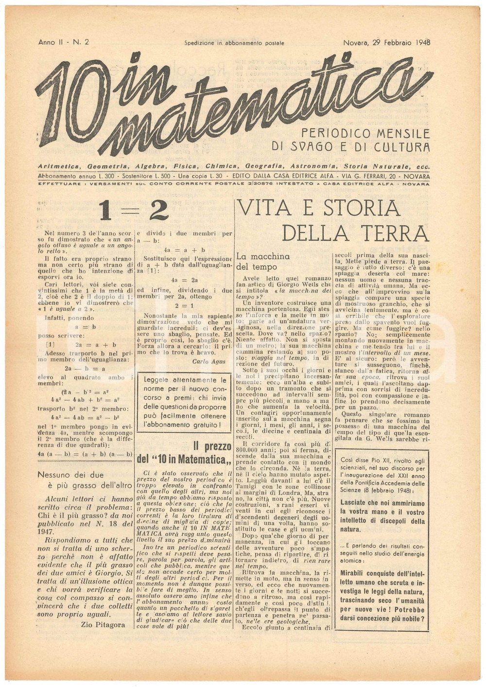 Giornale, rivista storica 1948 NOVARA Rivista 10 IN MATEMATICA Anno II n. 2 Dimostrazione di Carlo AGUS 1