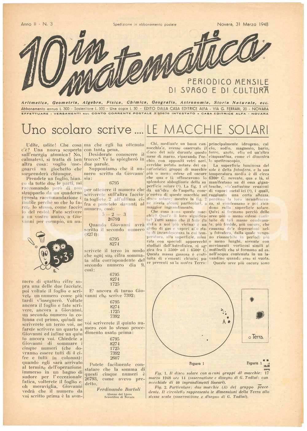 Giornale, rivista storica 1948 NOVARA Rivista 10 IN MATEMATICA Anno II n. 3 Lettera di Ferdinando BARTOLI 1