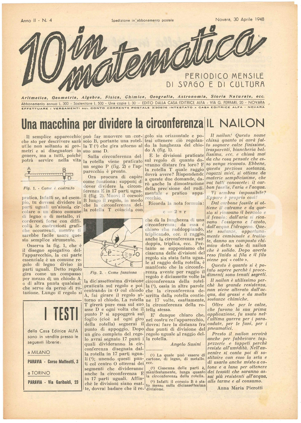 Giornale, rivista storica 1948 NOVARA Rivista 10 IN MATEMATICA Anno II n. 4 Anna Maria PIEROTTI sul nylon 1