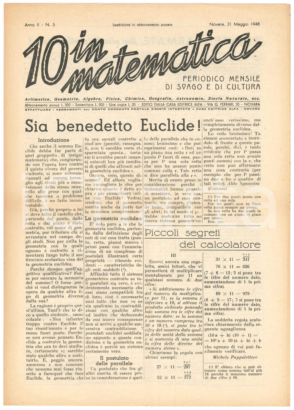 Giornale, rivista storica 1948 NOVARA Rivista 10 IN MATEMATICA Anno II n. 5  Aldo SGUAZZINI su Euclide 1