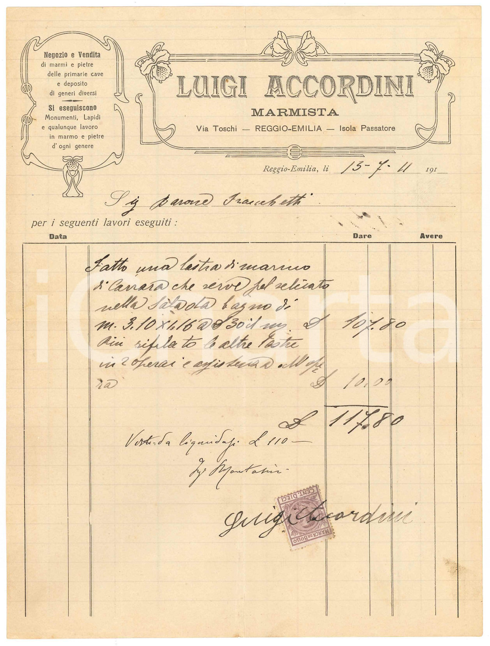 Documento originale, autentico 1911 REGGIO EMILIA Marmista Luigi ACCORDINI Fattura per lastra marmo di Carrara 1