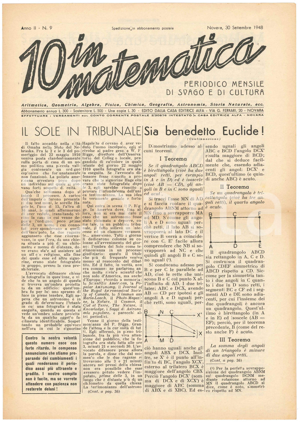 Giornale, rivista storica 1948 NOVARA Rivista 10 IN MATEMATICA Anno II n. 9  Teorema di Euclide 1
