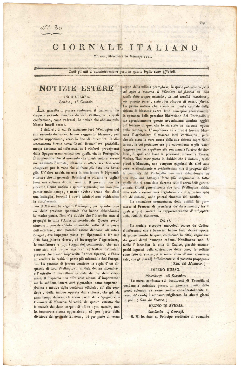 Giornale, rivista storica 1811 REGNO D ITALIA GIORNALE ITALIANO 30 Merci inglesi bruciate a CIVITAVECCHIA 1