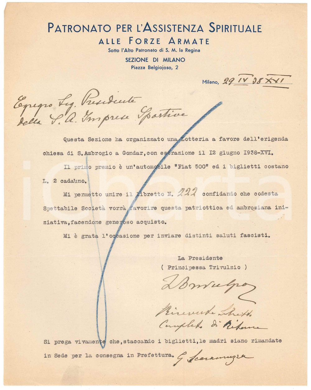 Manoscritto, lettera originale 1938 MILANO Patronato Forze Armate  Lettera Principessa TRIVULZIO Autografo 1