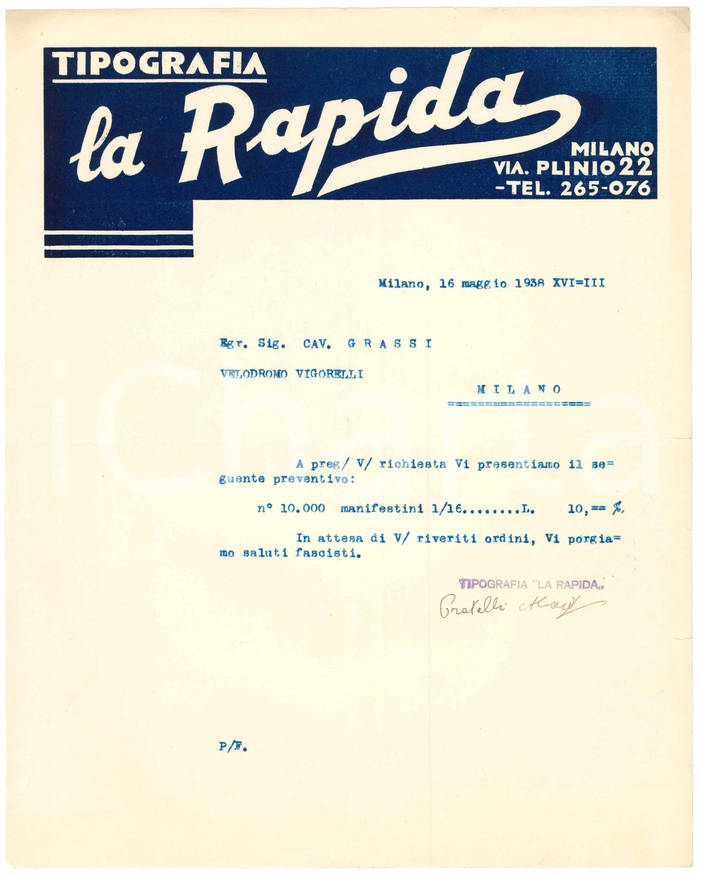 1938 MILANO Tipografia LA RAPIDA - Preventivo per manifestini CICLISMO Vigorelli