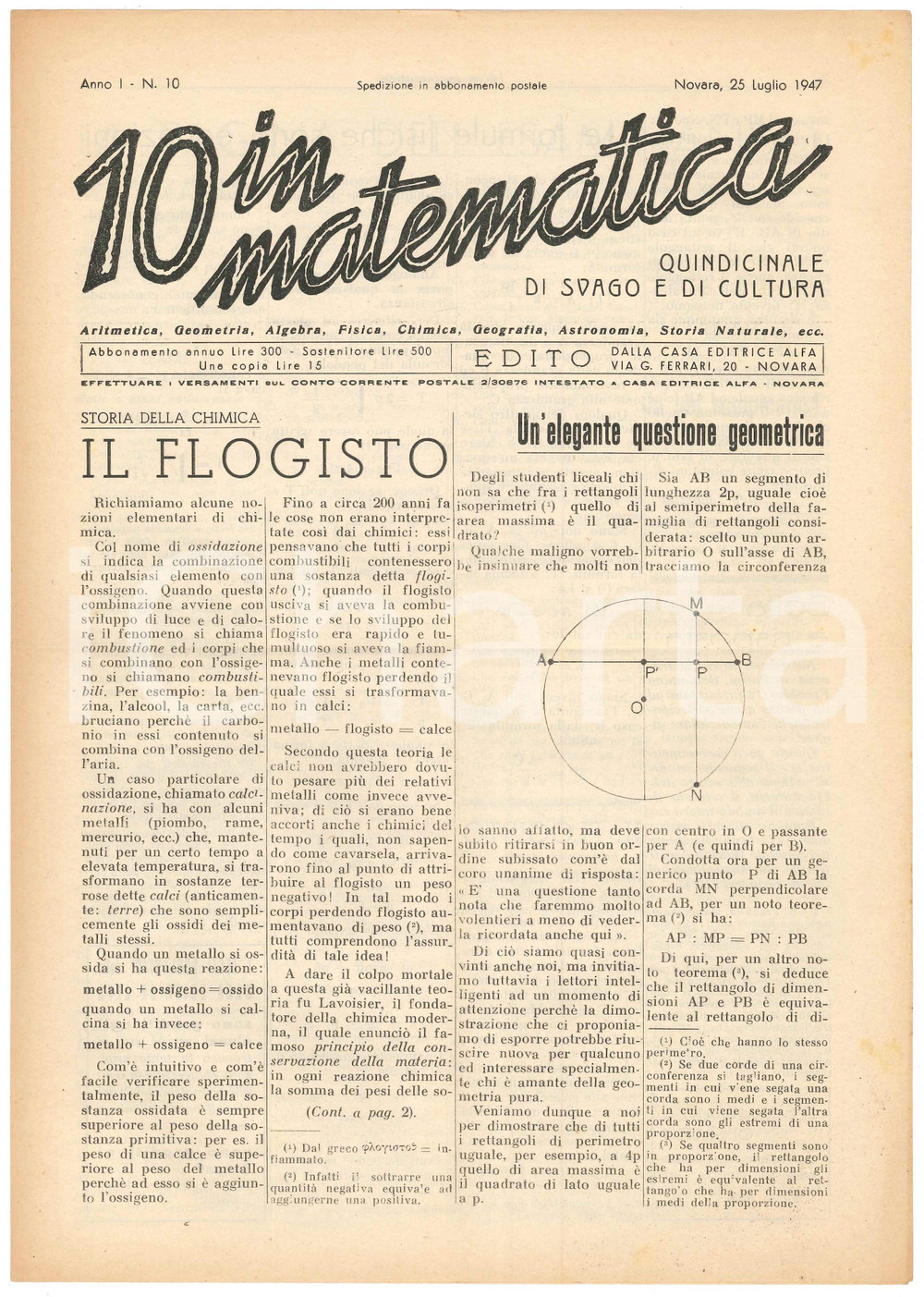Giornale, rivista storica 1947 NOVARA Rivista 10 IN MATEMATICA Anno I n. 10 Aldo SGUAZZINI sul flogisto 1