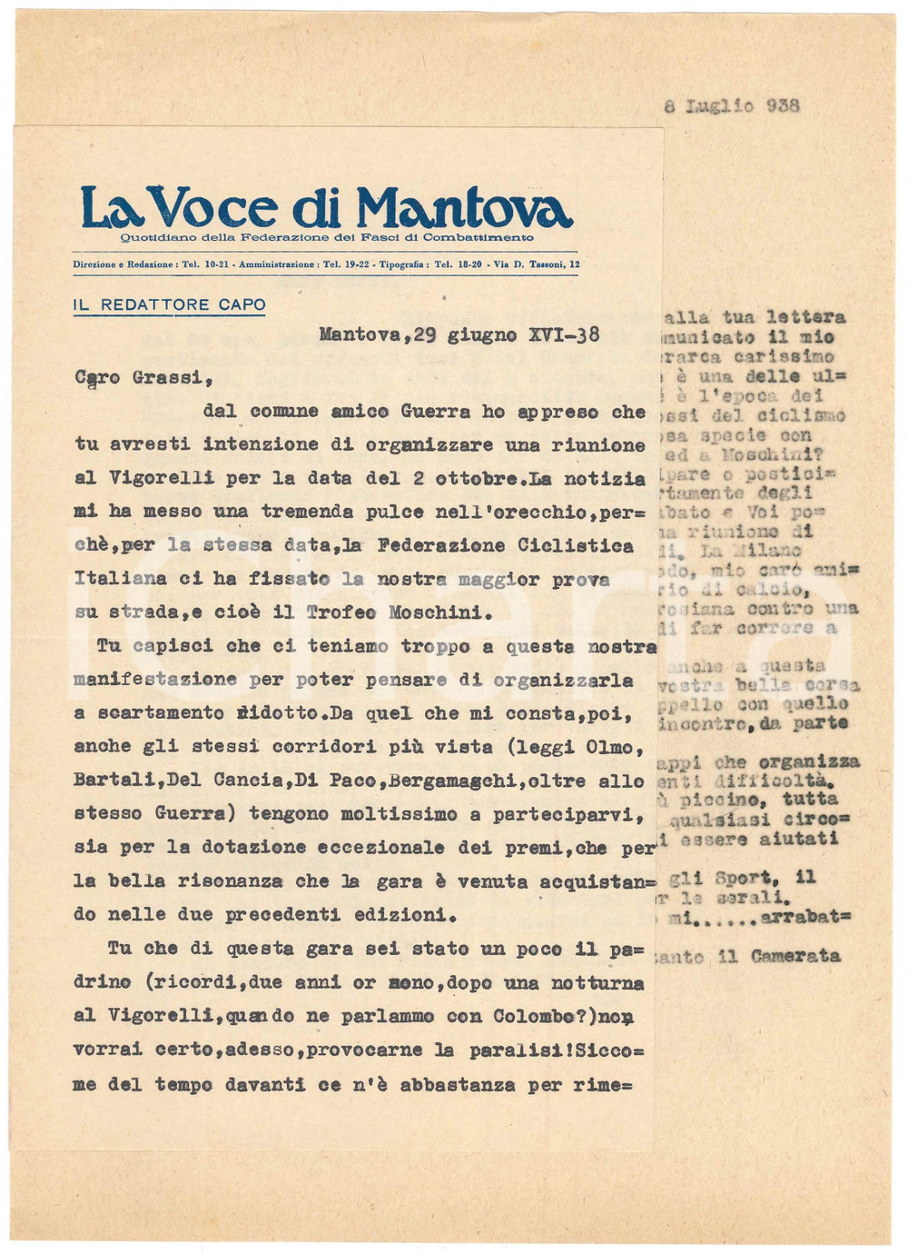 Documento originale, autentico 1938 LA VOCE DI MANTOVA Lettera Francesco CARLI pro Trofeo Moschini AUTOGRAFO 1