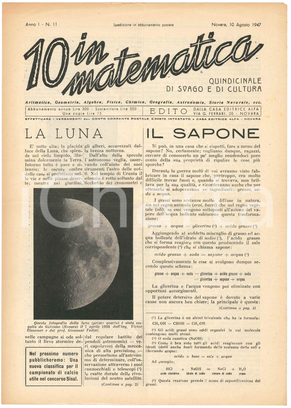 Giornale, rivista storica 1947 NOVARA Rivista 10 IN MATEMATICA Anno I n. 11 La luna di Giovanni TADINI 1