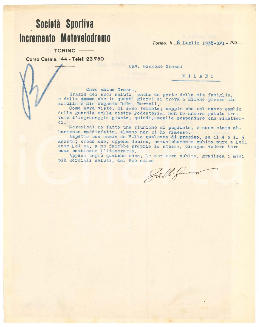 Documento originale, autentico 1938 TORINO CICLISMO SocietÃ  Incremento Motovelodromo Lettera Giovanni GALLI 1