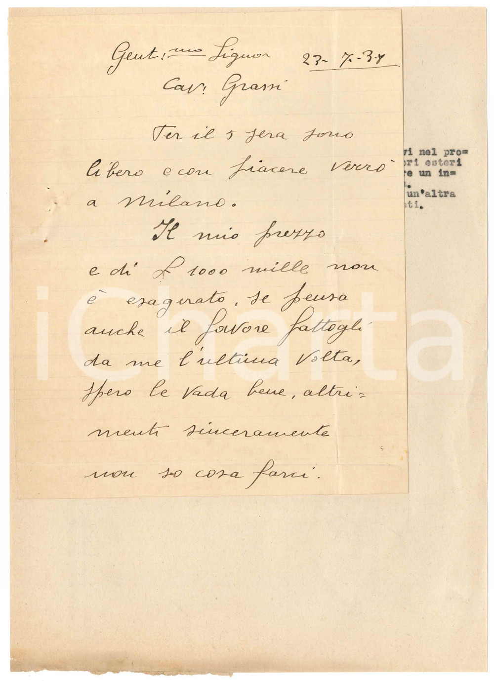 Autografo originale 1938 CICLISMO BOLOGNA Lettera Bruno LOATTI per ingaggio a Milano  AUTOGRAFO 1