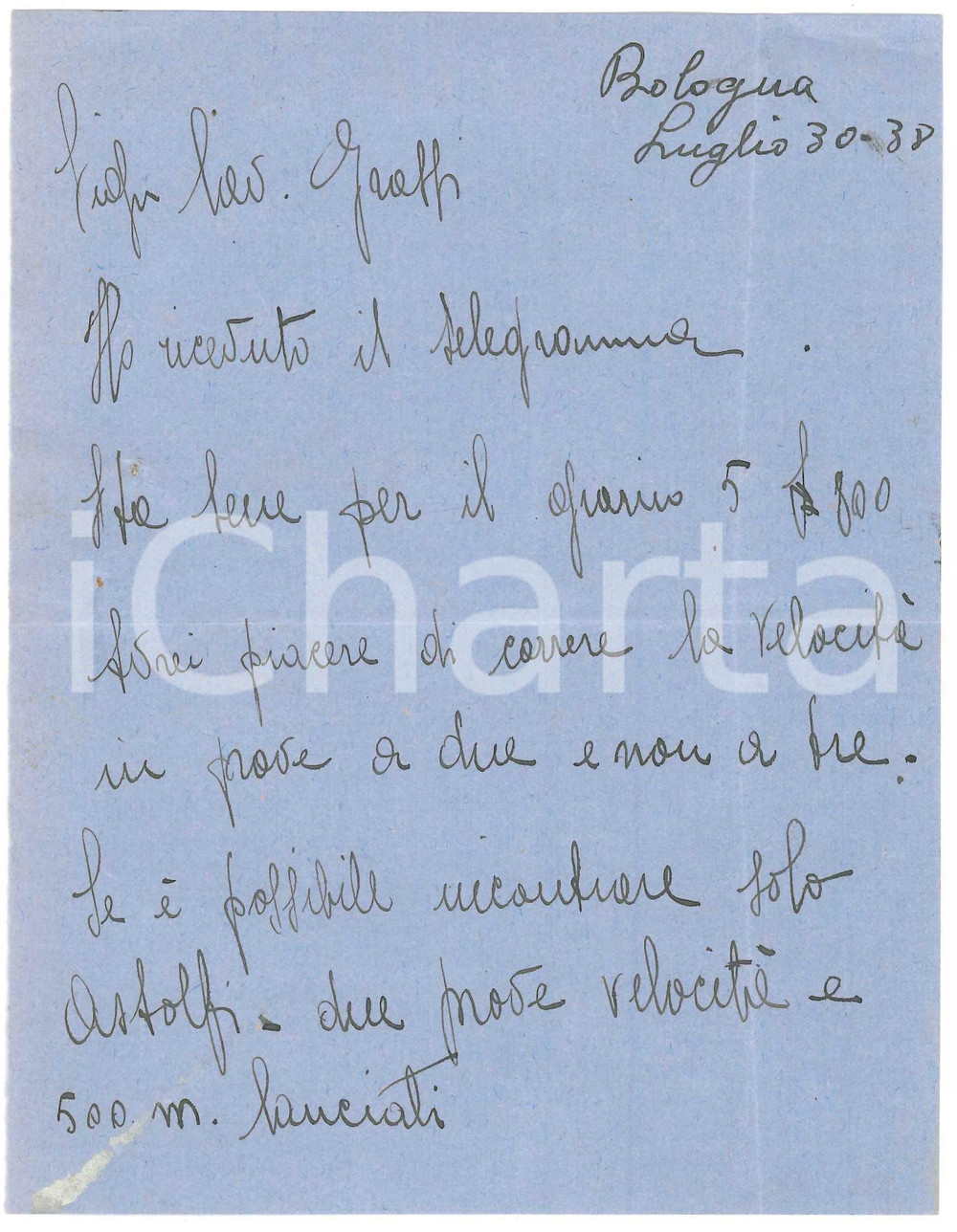 Autografo originale 1938 CICLISMO BOLOGNA Lettera Bruno LOATTI per gara a due  AUTOGRAFO 1