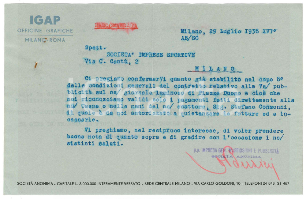 Manoscritto, lettera originale 1938 MILANO  IGAP Officine Grafiche  Lettera per conferma di un contratto 1